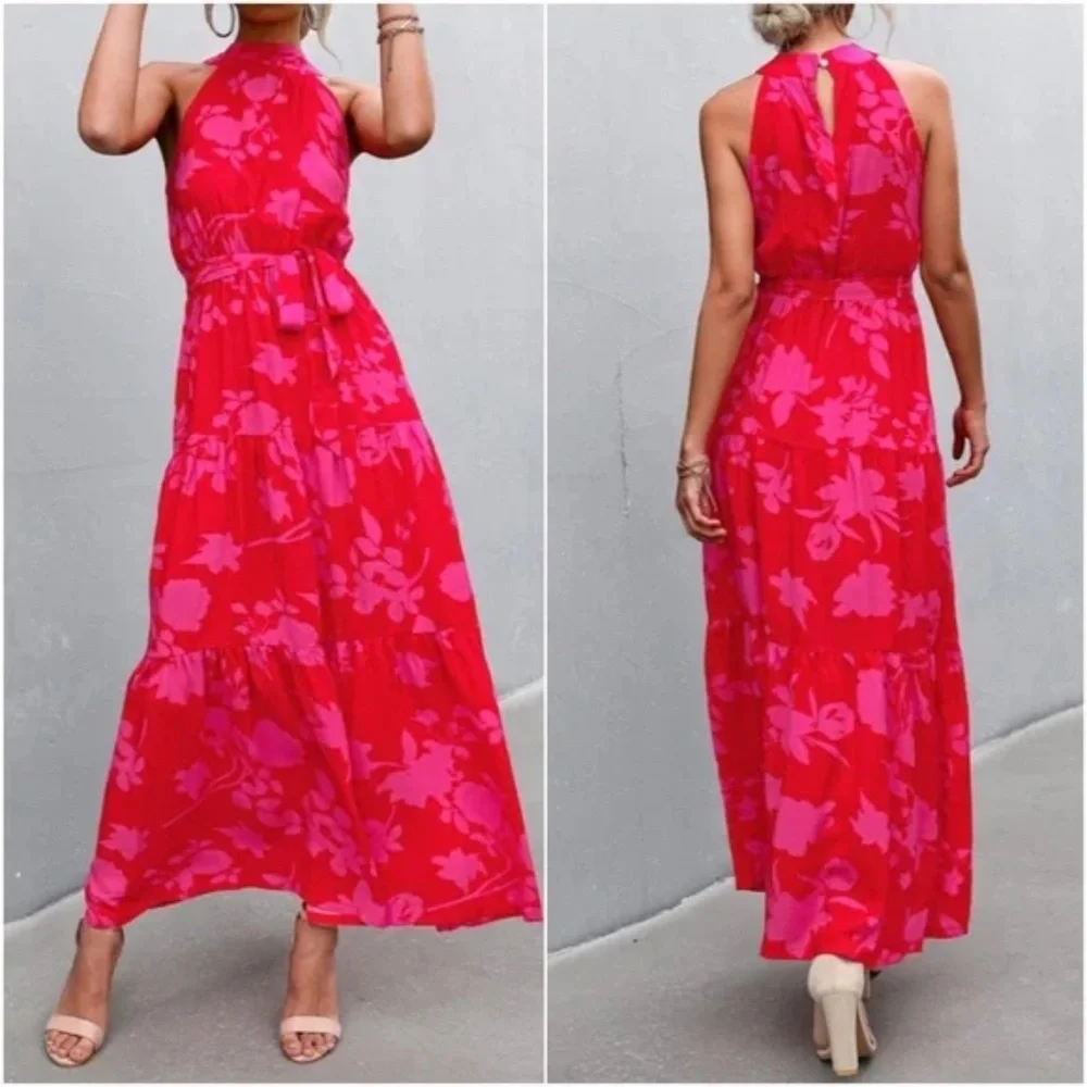 Boho Red Floral Print Halter Maxi Dress Cottagecore - Picture 2 of 4
